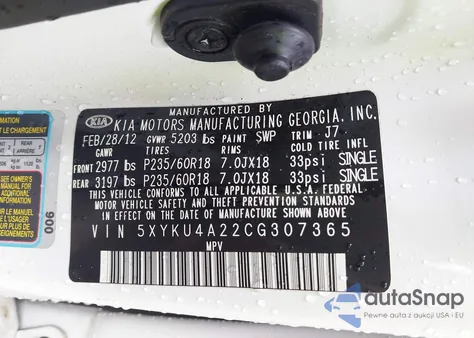 2012 Kia Sorento Ex z USA, uszkodzony, nr VIN 5XYKU4A22CG307365